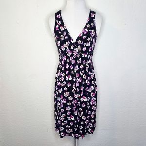 Soma Black Ruffle Trim Dress Sz XS w Purple Floral Design Smocked Stretchy Waist